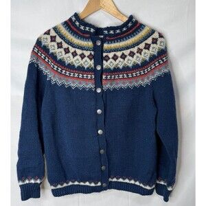VTG Husfliden Wool Norway Fair Isle Sweater L Cardigan Women's Pewter Buttons